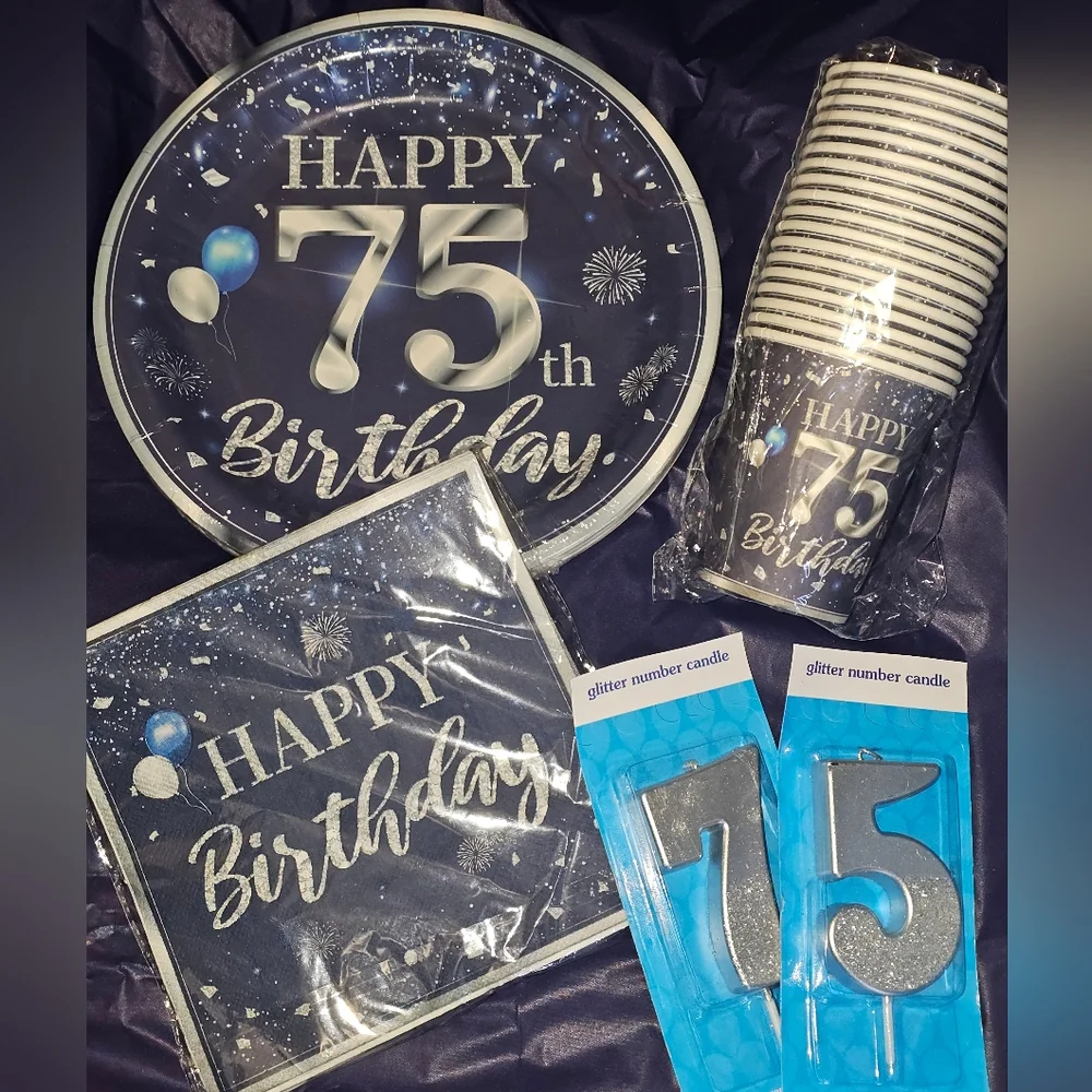 75th Birthday Party Plate, Napkins, Cup, Candle Set - Navy Blue and Silver NWT.